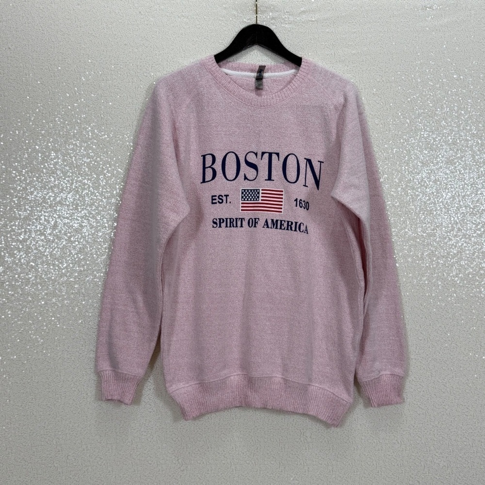 Boston Spirit of America Pink Knit Sweater Pullover USA Flag Graphic Size L - Picture 6 of 7